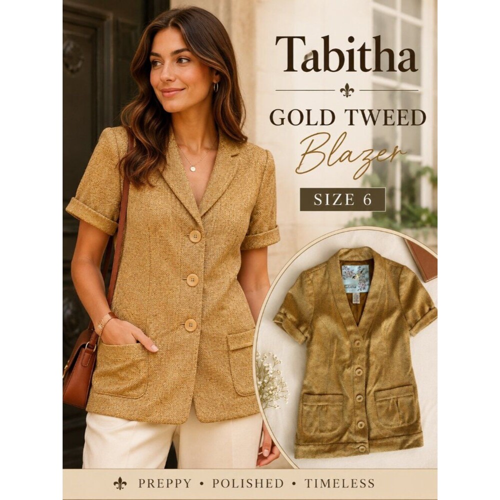 Tabitha Gold Tweed Blazer Jacket Womens Size 6 Short Sleeve Button Front Lined